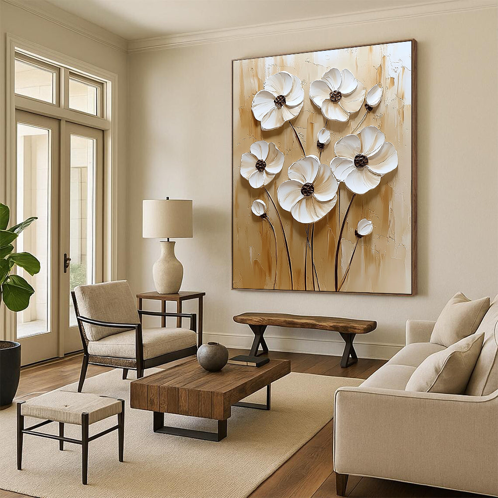 Contemporary hand-painted abstract art featuring textured white flowers on a calming beige background with an elegant neutral color palette. DLZ0262