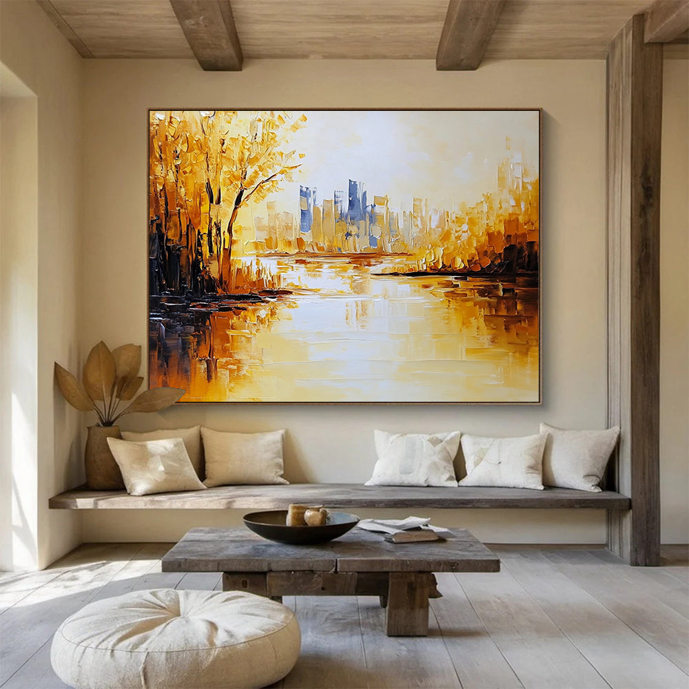 “Golden Cityscape” - Gold, Blue, Yellow, Shimmering City and Reflective River Painting On Canvas HB0934