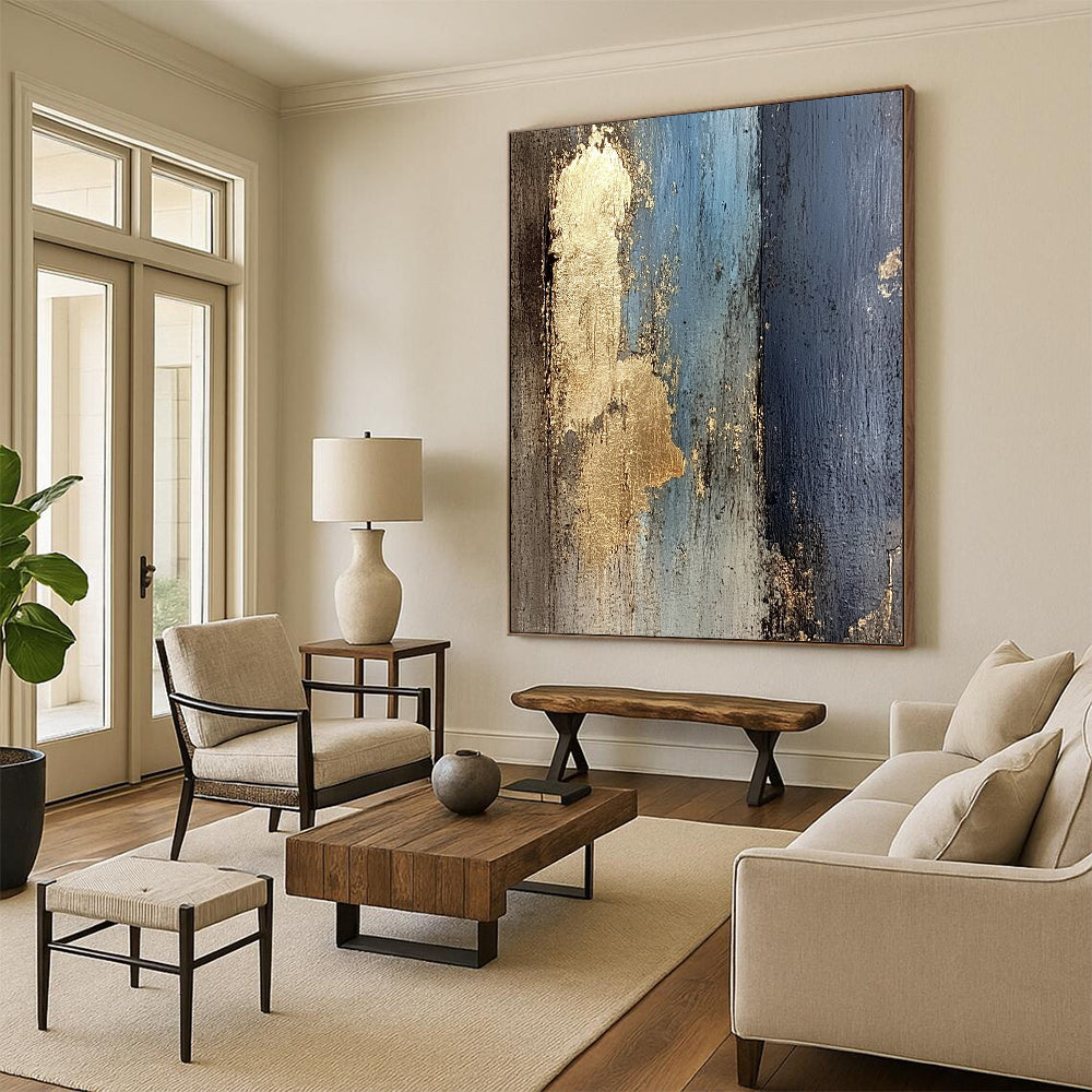 Contemporary abstract artwork featuring a textured wooden wall with peeling paint and glimpses of gold leaf, evoking a dark yet luminous atmosphere. DLZ1280
