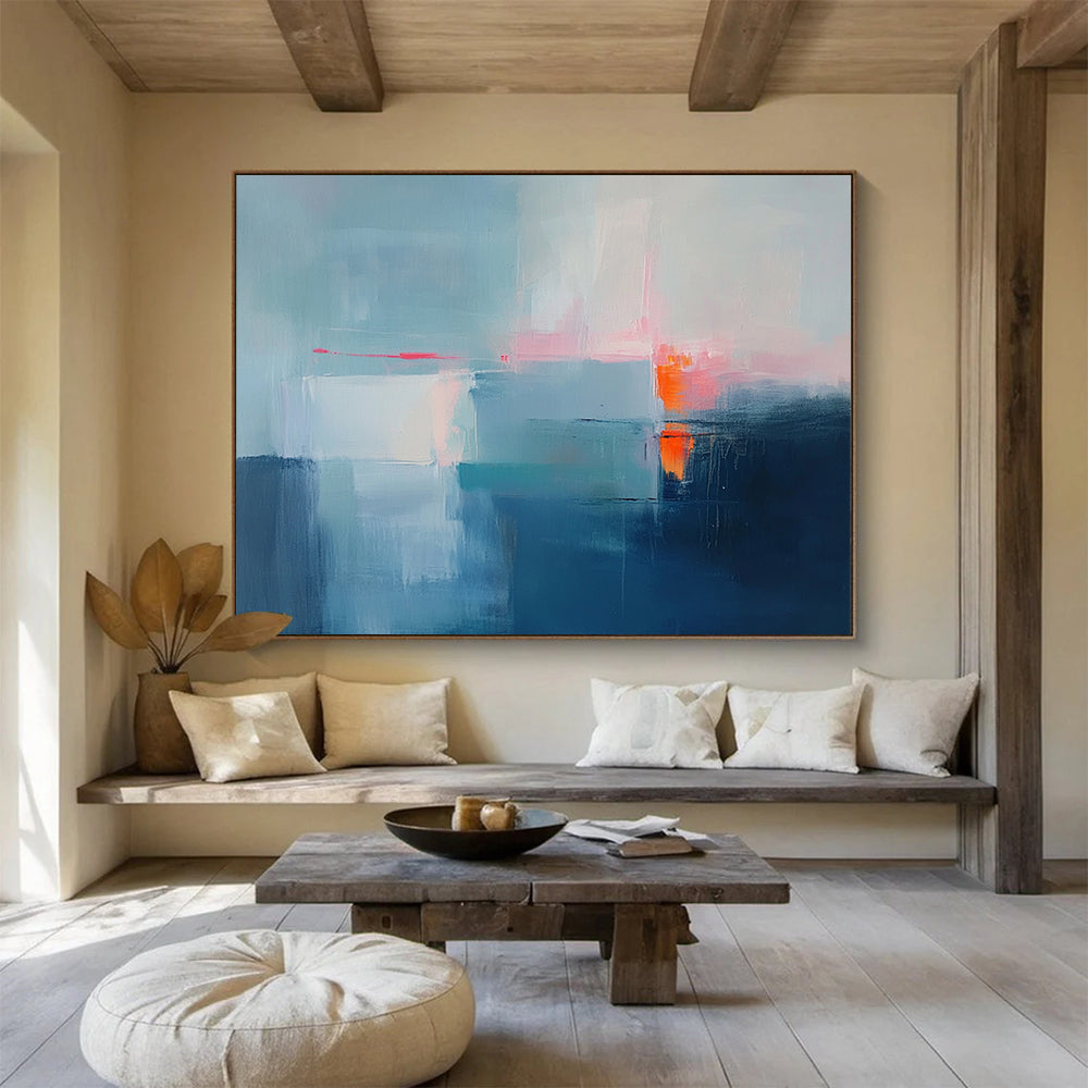 “Subtle Abstract Horizon in Blue” - Blue, white, pink, orange; Subtle abstract horizon with soft colors; Acrylic Painting On Canvas HB1274