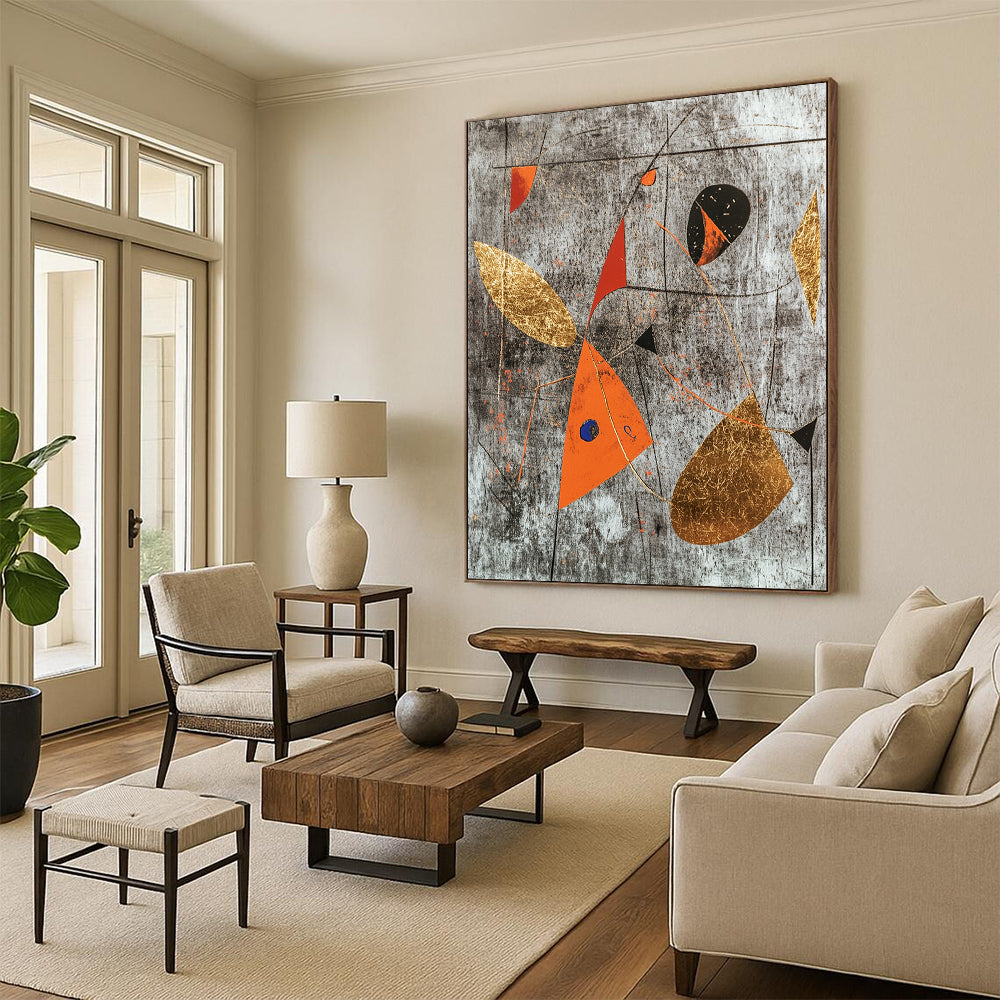 Gray, Black, Gold, Red and Orange Abstract Shapes "Dynamic Balance" Painting On Canvas HB336