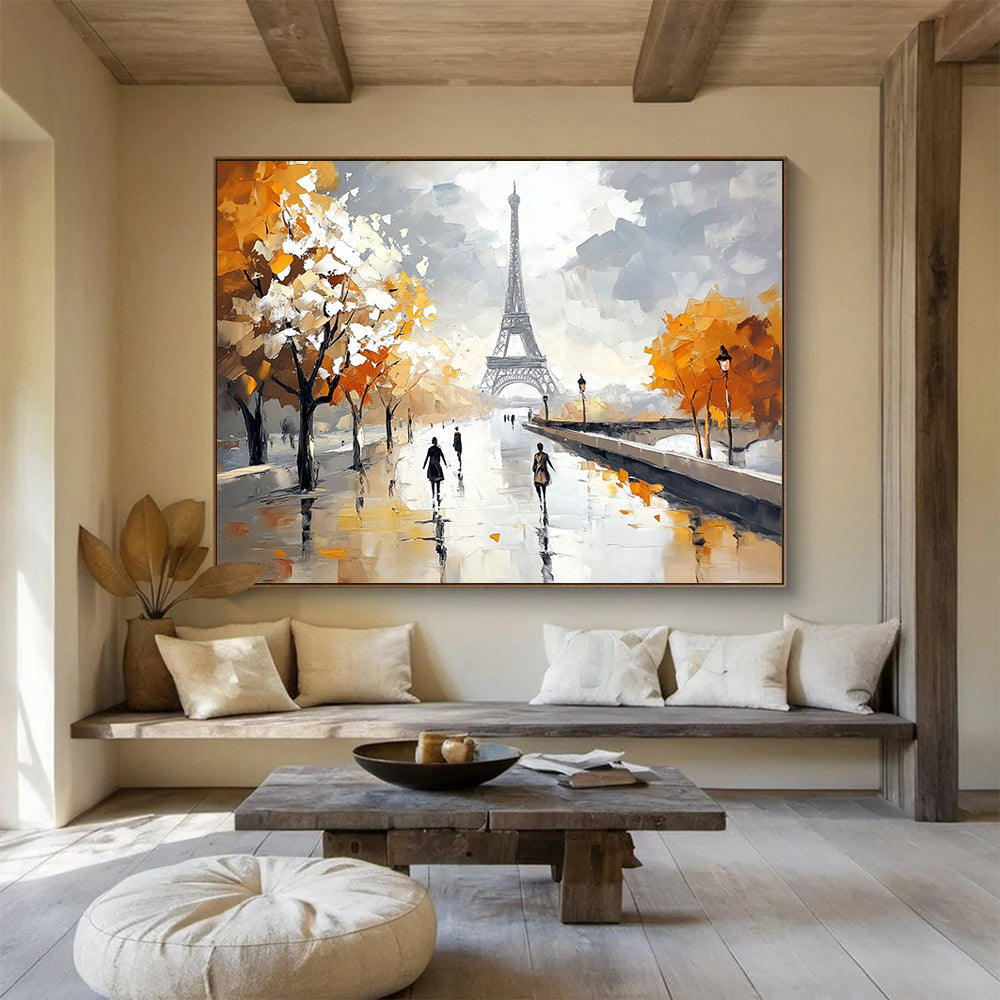 “Autumn in Paris” - Oranges, Grays, Whites, Eiffel Tower and Tree - Lined Path in Autumn - Impressionist Oil Painting HB1715