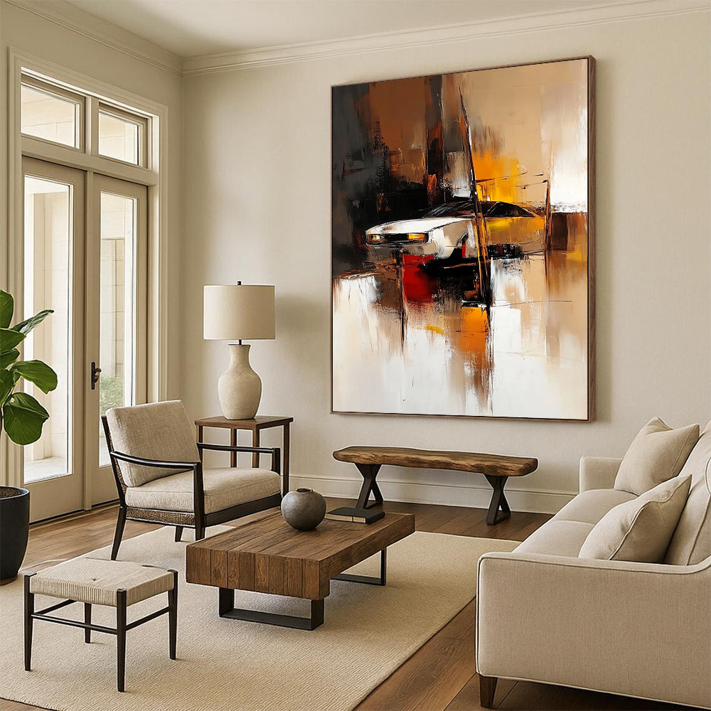 Contemporary abstract painting featuring blurred shapes in light brown dark amber and dark white creating an industrial design with soft edges and vibrant tones. DLZ0590