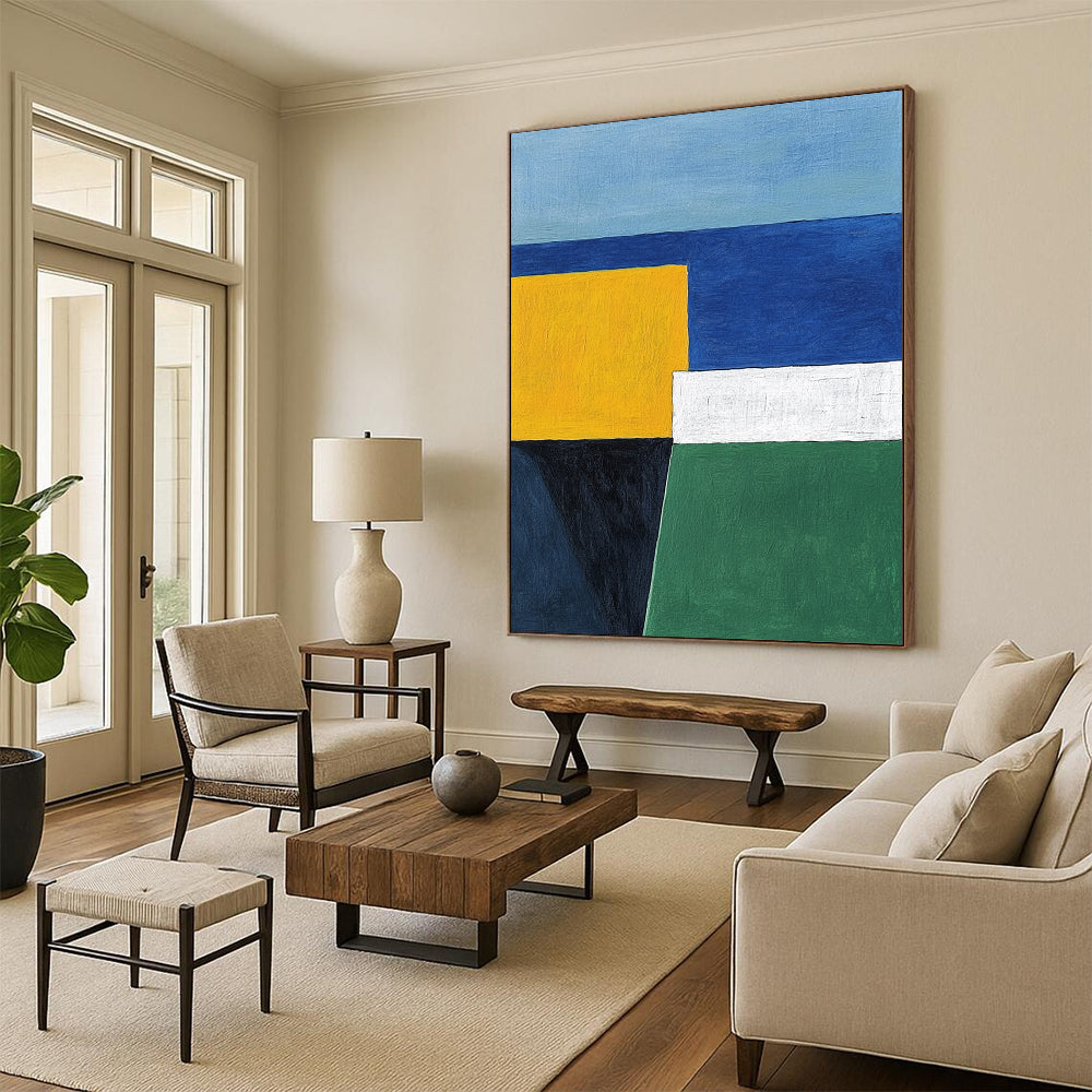 Contemporary hand-painted abstract art featuring blue white and yellow geometric shapes with a minimalist style of yellow green and navy colors. DLZ1320