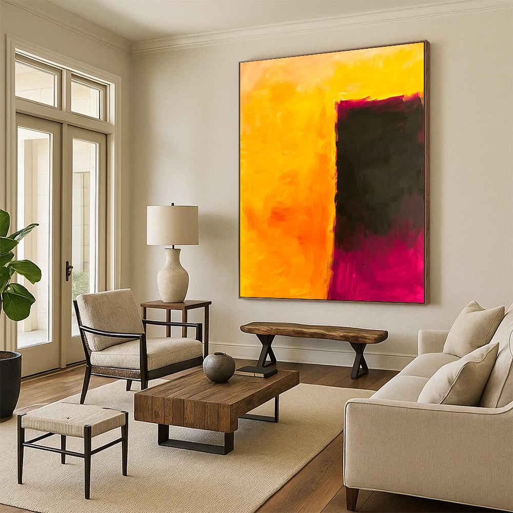 Contemporary hand-painted abstract art featuring a striking interplay of yellow and dark pink, evoking emotion and contemplation in a minimalist style. DLZ1363