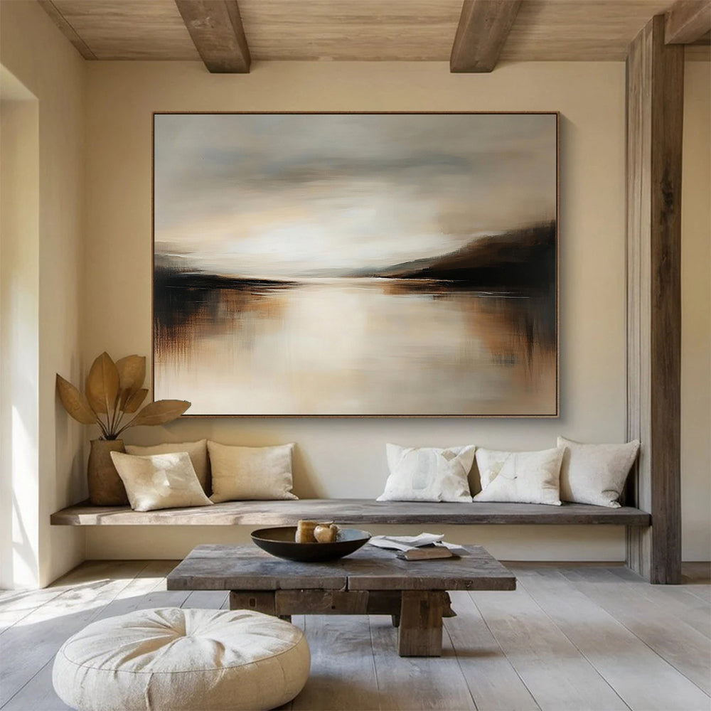 “Neutral Water Mirror” - Warm Beiges, Browns, and Muted Grays, Calm Water Reflecting a Subtle Sky Painting On Canvas HB0913