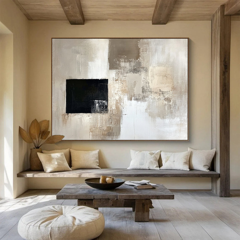 “Subtle Neutrals with a Bold Black Square” - Beige, gray, white, black; Abstract neutral blocks with a black square; Oil Painting On Canvas HB1227