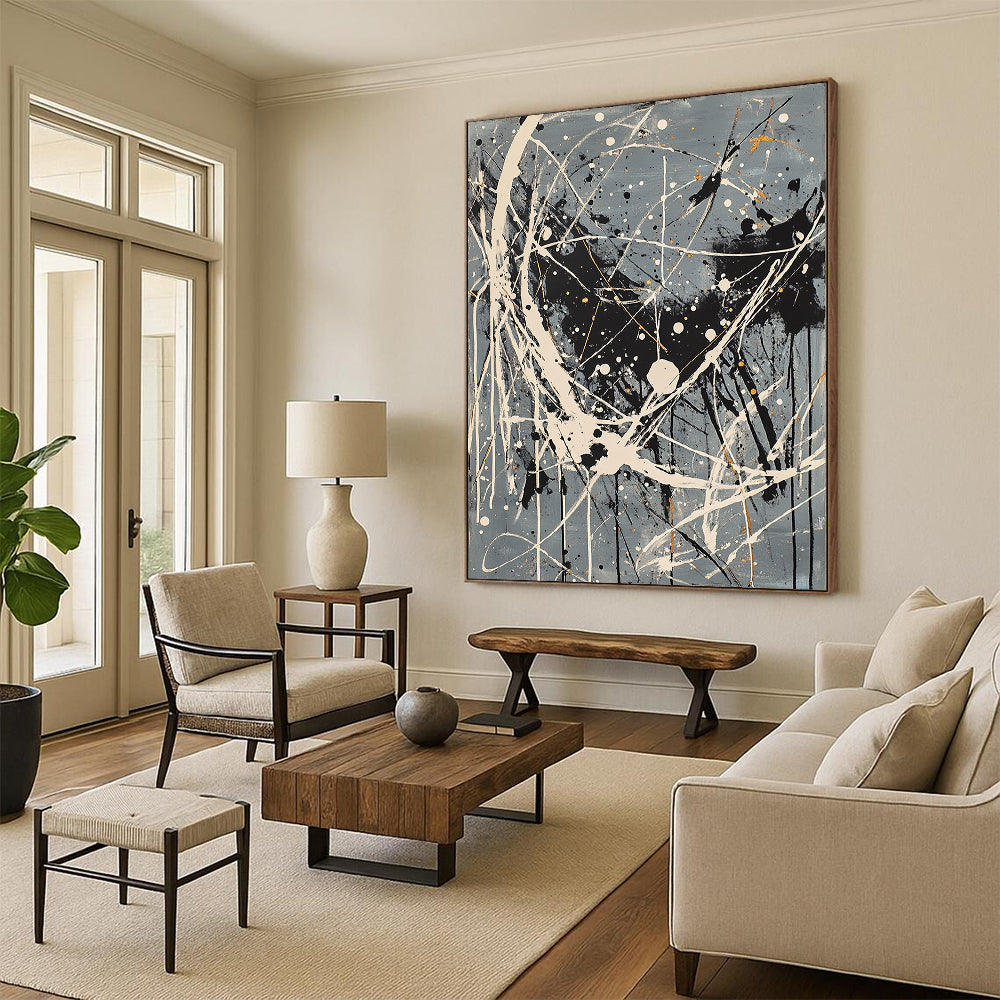 Gray, Black, White, Gold, Complex Drips "Starry Maze" Abstract Pollock - Inspired Painting On Canvas HB054