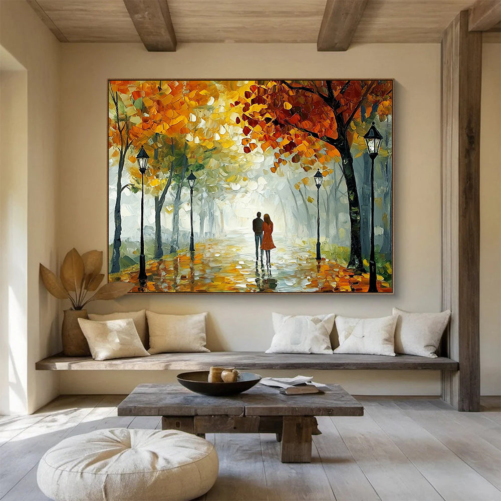 “Autumn Stroll” - Orange, Yellow, Green, Couple Walking Under Trees - Impasto Oil Painting HB1704