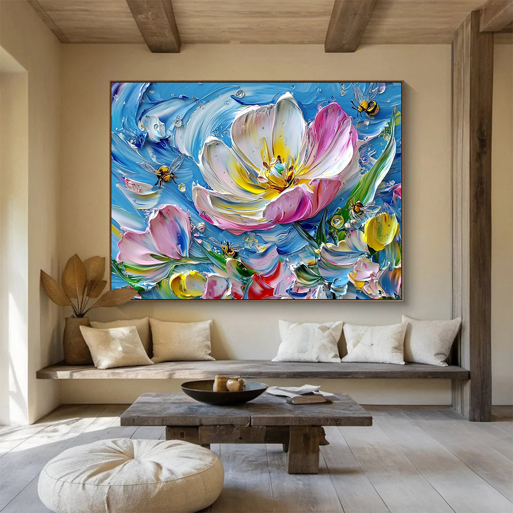 3D Textured Flower with Bees on Blue - Impasto Floral Painting On Canvas HB0447