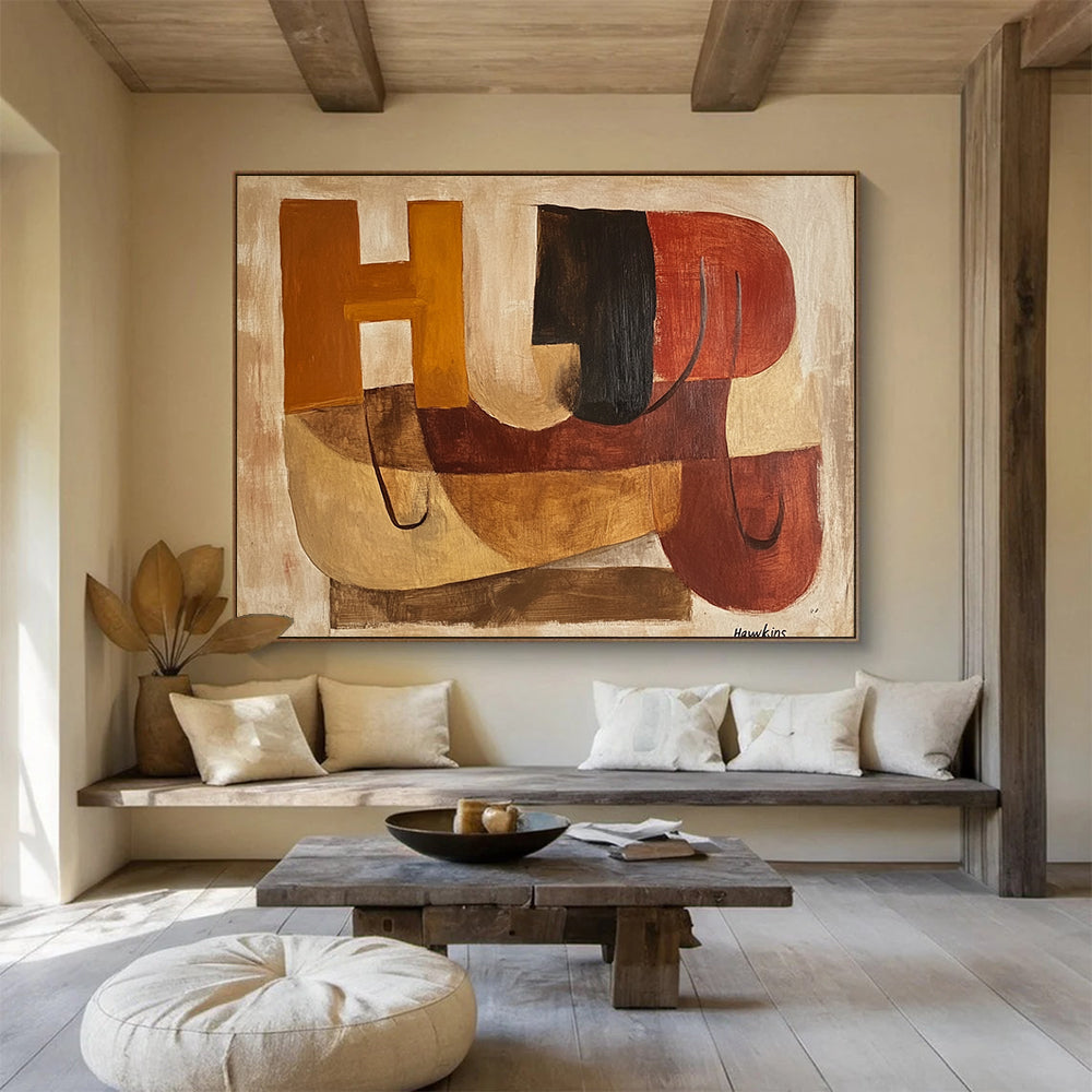 “Abstract Letters & Shapes” - Brown, Orange, Red, Geometric Abstract Painting On Canvas HB0678