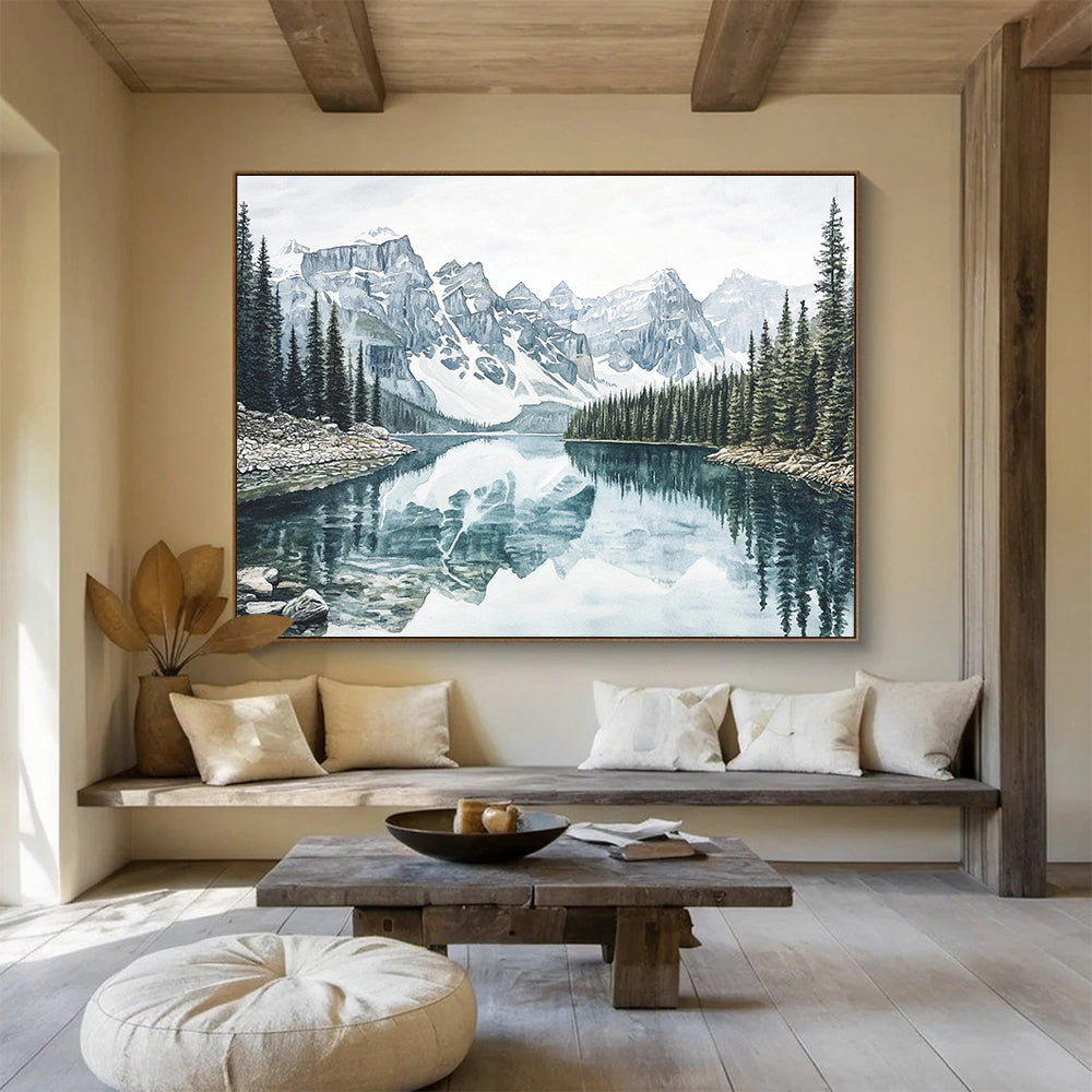“Realistic Mountain Lake” - Blue, Gray, Mountain, Lake Painting On Canvas HB0763