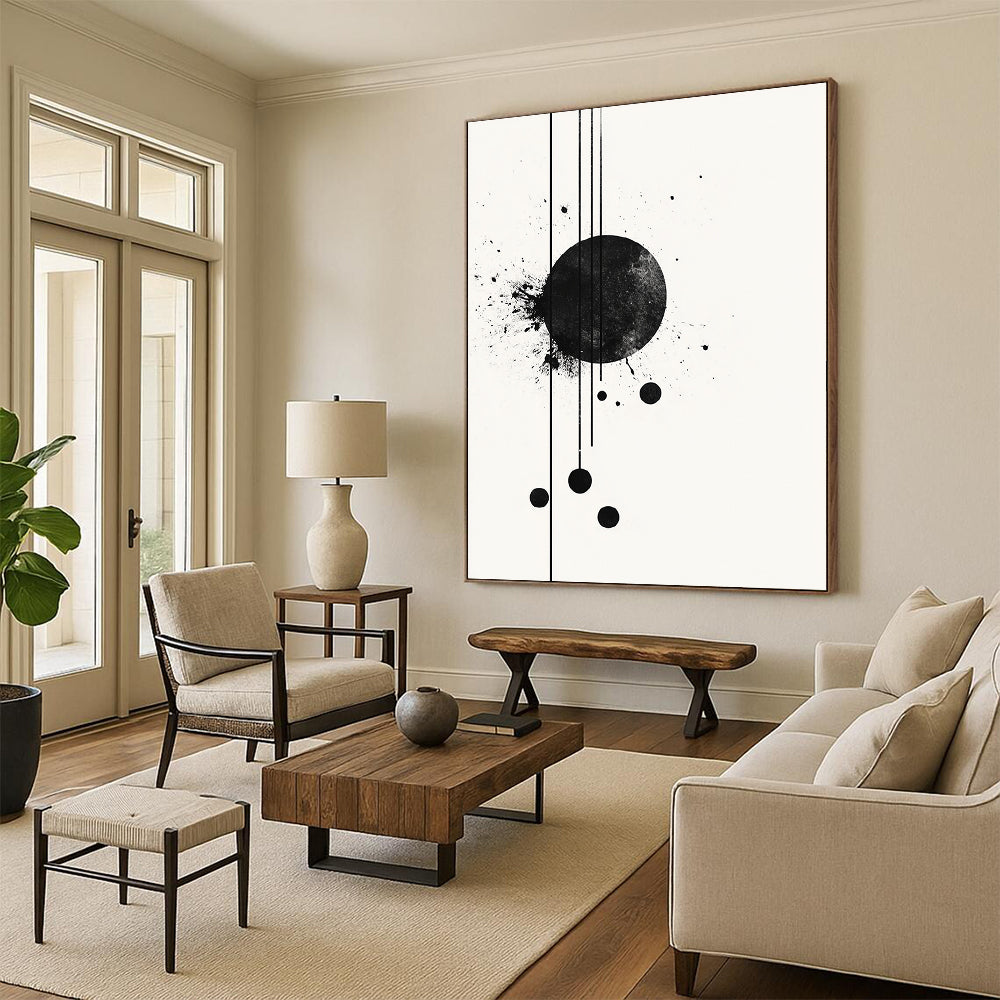 Black Circle with Splatter & Lines - “Elegant Ink Fusion” Painting On Canvas HB238
