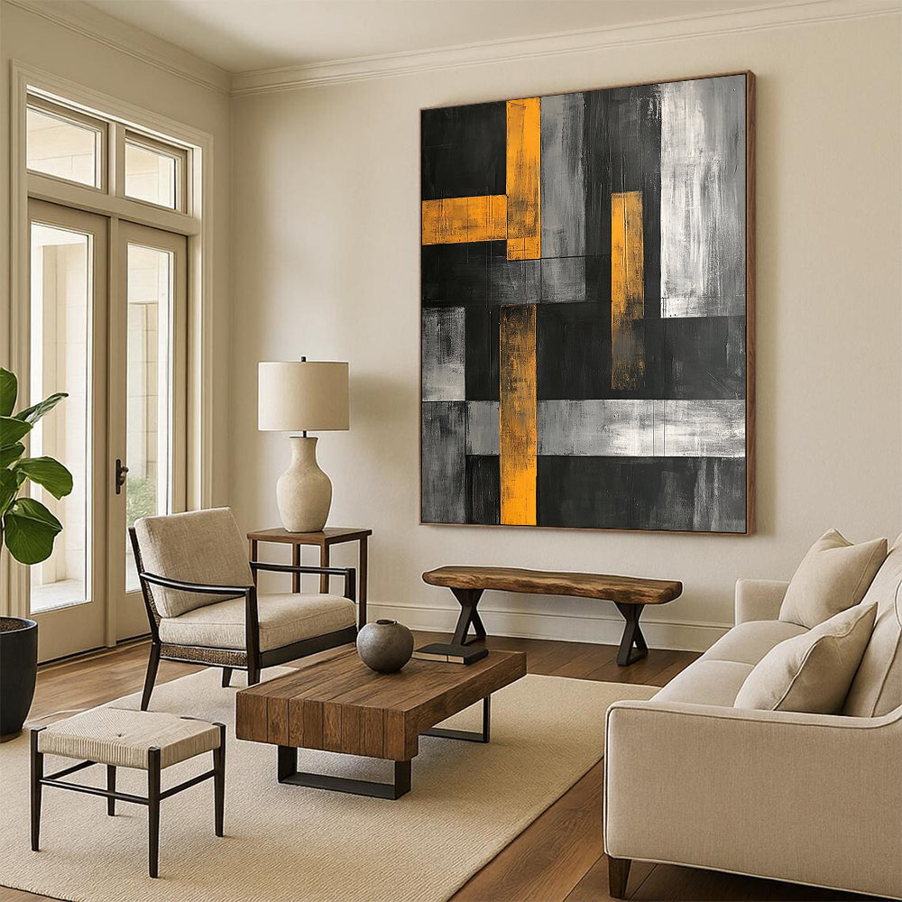 Black, Gray, White and Yellow Geometric Blocks "Urban Rhythm" Painting On Canvas HB351