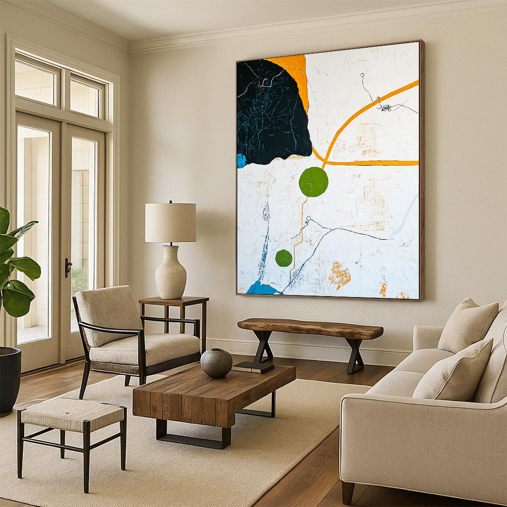 Contemporary hand-painted abstract artwork featuring an aerial landscape with blue sky yellow paths and green circle in a minimalist composition. DLZ0569