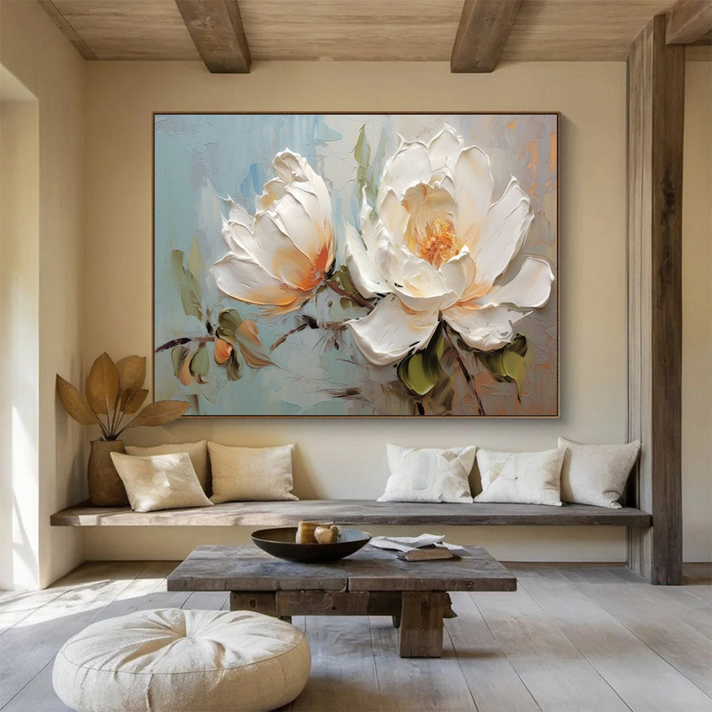 Textured White Peony Painting - Elegant Bedroom Floral Decor DLZ174