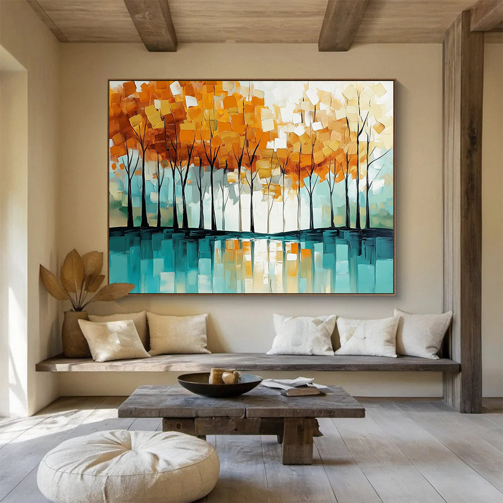 “Autumn Tree Reflection” - Orange - yellow trees, teal reflection, Abstract Landscape Painting On Canvas HB0566