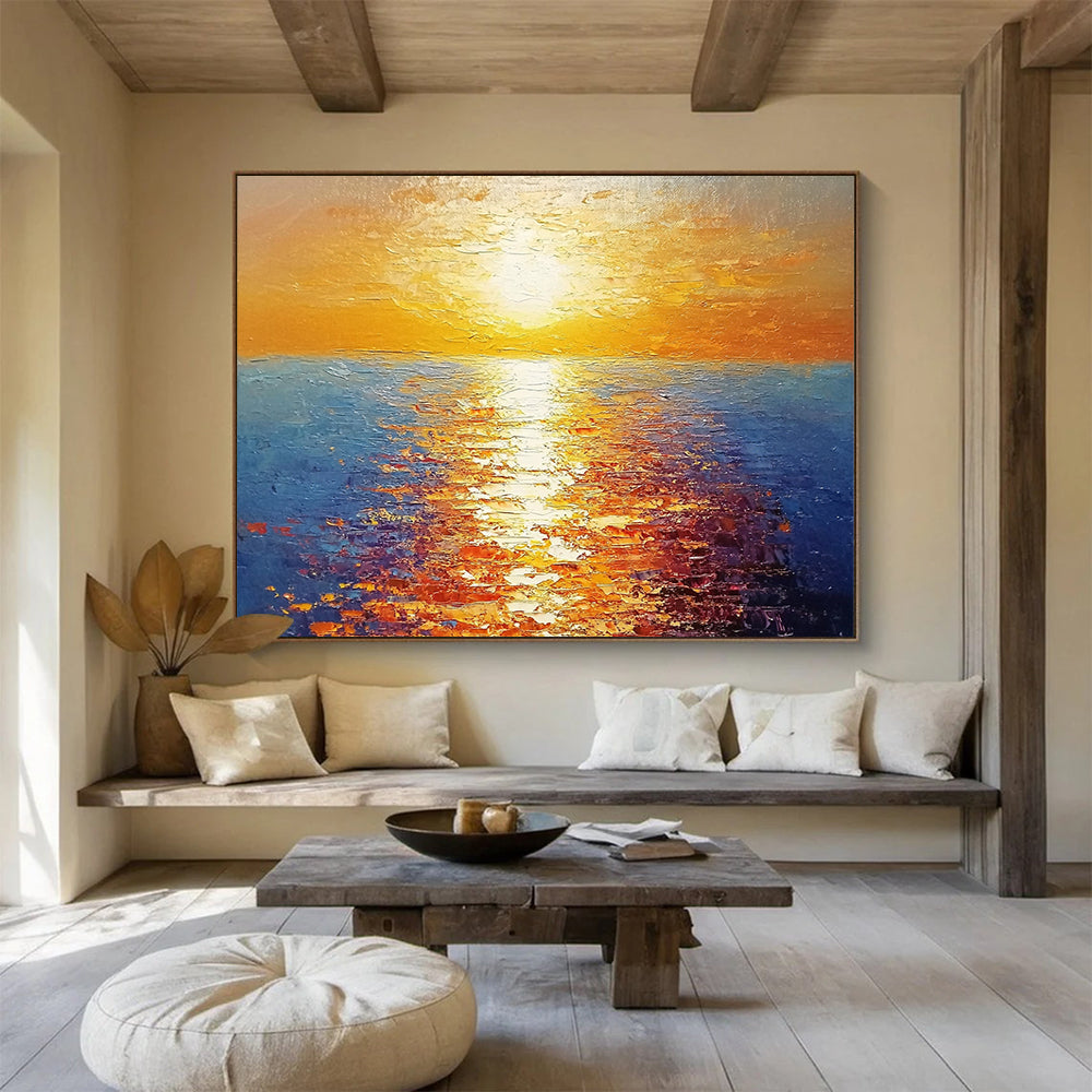 “Radiant Sunset Over Sea” - Orange, Yellow, Blue, Impressionist Seascape Painting On Canvas HB0693