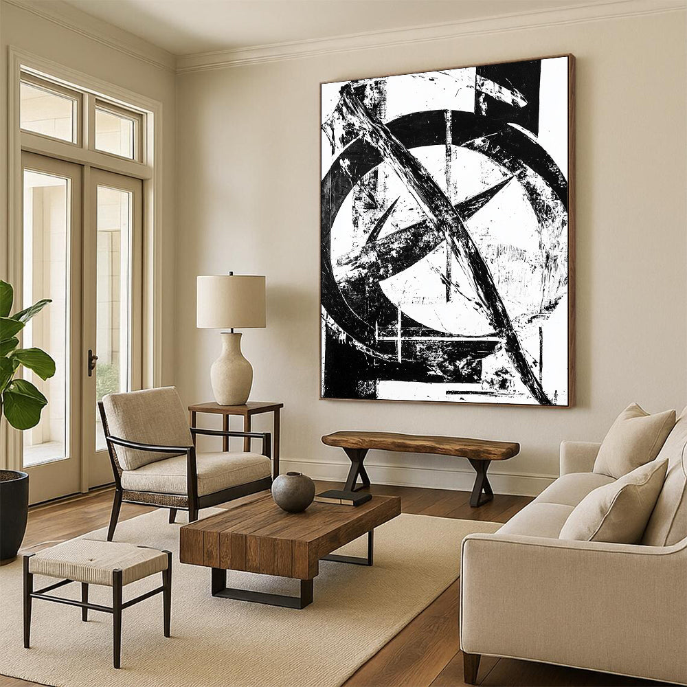 Black & White Abstract Geometric Marks - “Monochrome Urban Graffiti” Painting On Canvas HB221