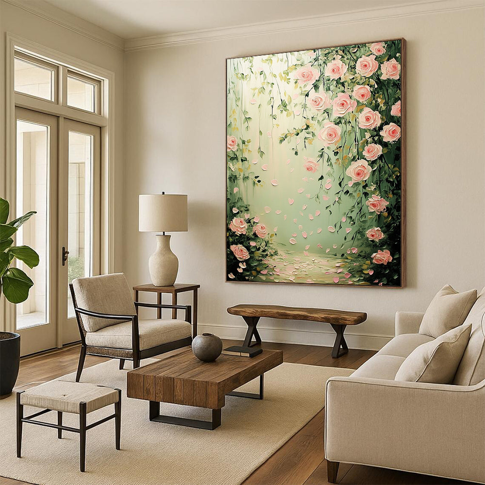 Contemporary hand-painted abstract art featuring pink roses and green leaves with softly falling petals in a dreamy pastel background, perfect for wedding decor. DLZ1508