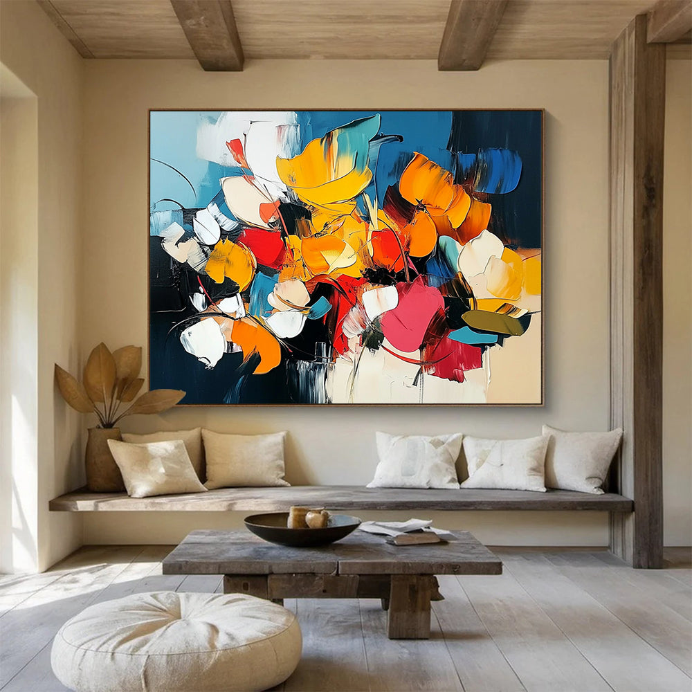 “Colorful Abstract Floral Blooms” - Yellow, orange, red, blue, white; Abstract floral composition HB1288