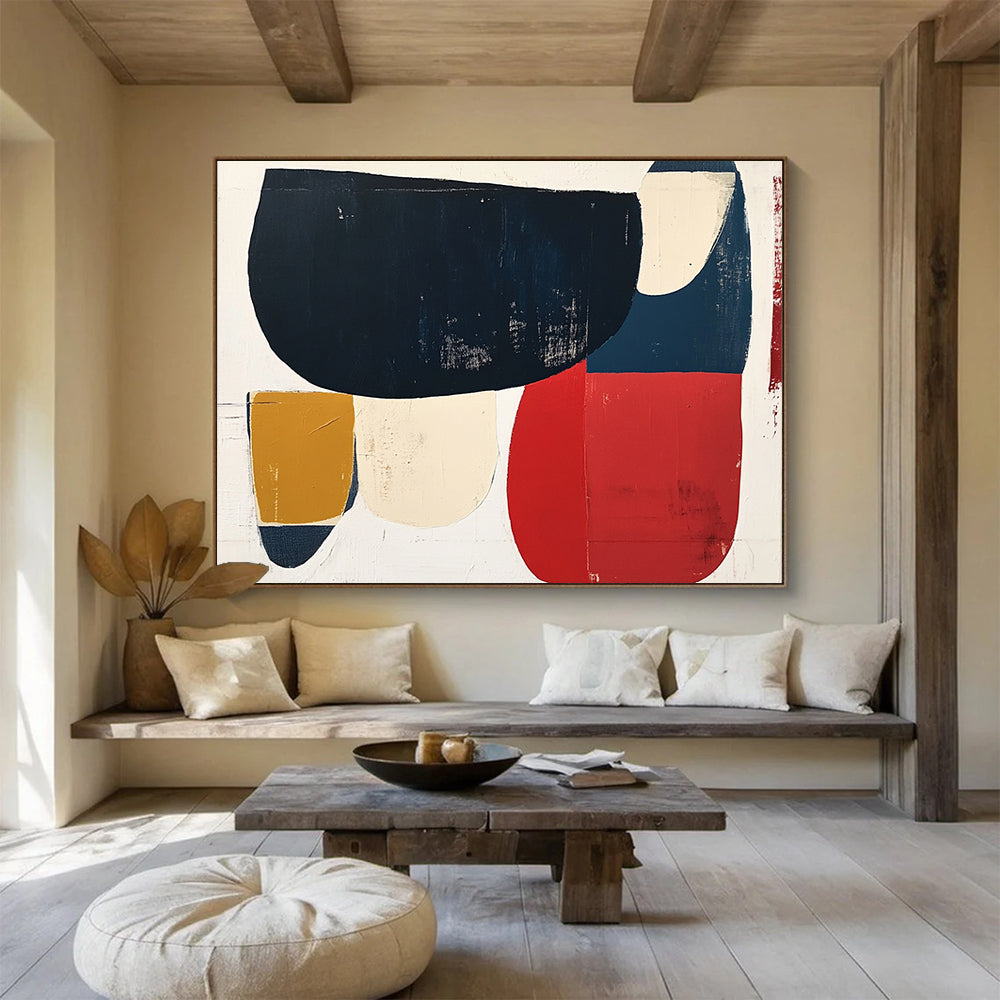 “Colorful Geometric Shapes” - Navy, red, beige, mustard, Modern Abstract Painting On Canvas HB0615