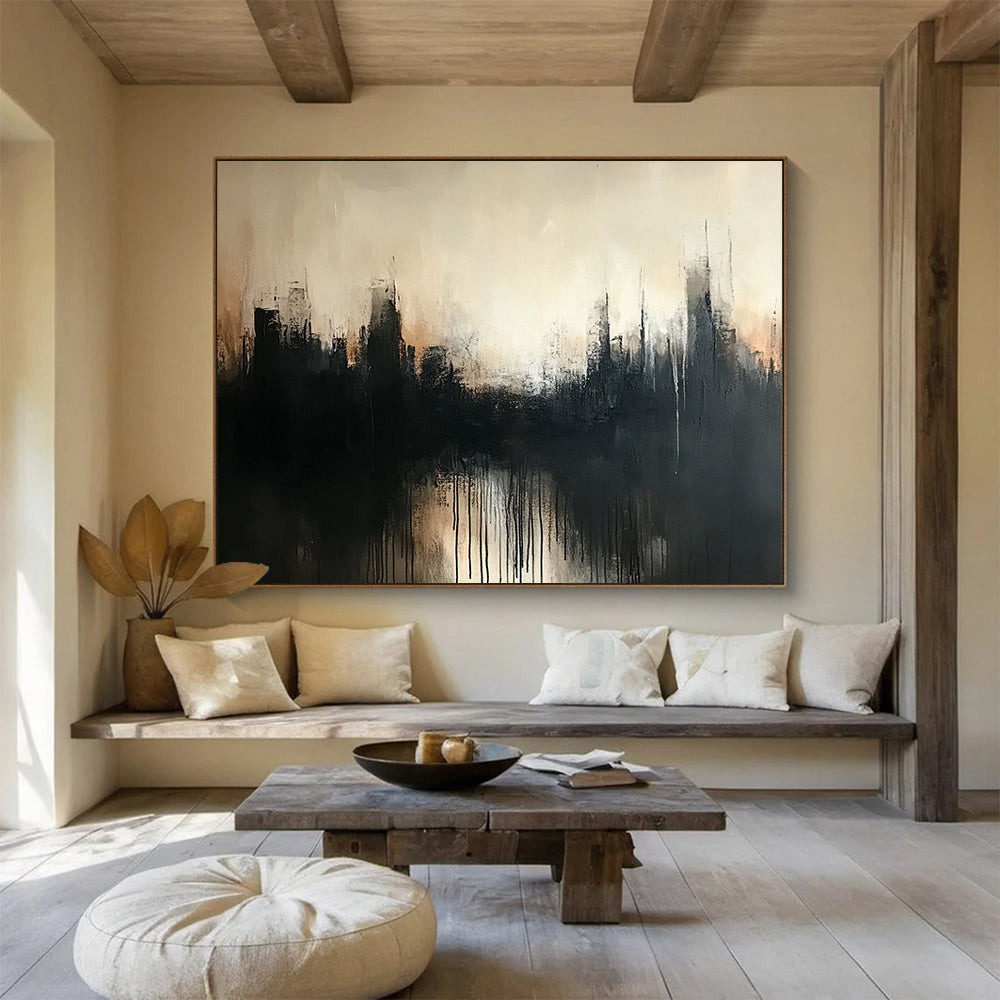 “Misty City Silhouette” - Black, Gray, Beige, Abstract Hazy Cityscape Painting On Canvas HB1077