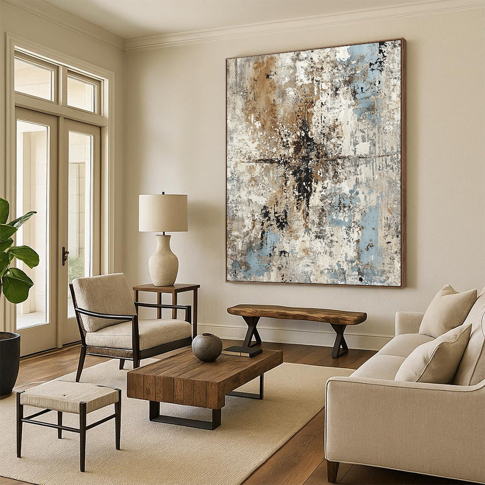 Contemporary hand-painted abstract artwork features weathered concrete and peeling paint in muted grays browns and blues for timeless elegance and rustic charm. DLZ1168