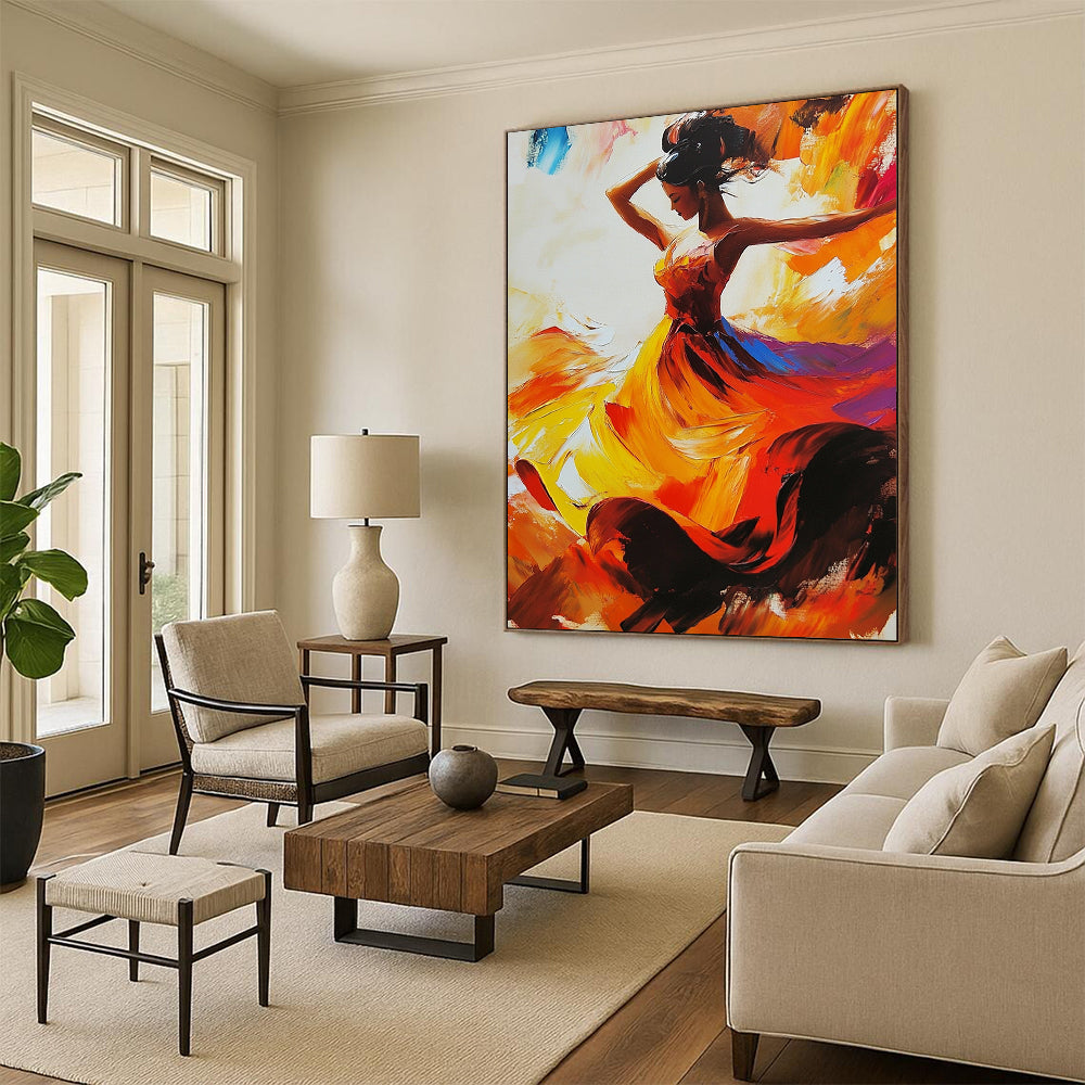 Contemporary abstract painting featuring a flamenco dancer in dynamic motion with a vibrant dress in red yellow and orange shades. DLZ1676