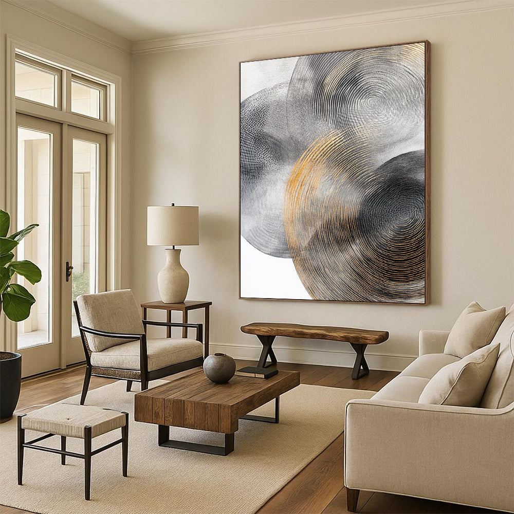 Gray, Silver, Black and Gold Abstract Circles "Celestial Rhythms" Painting On Canvas HB379