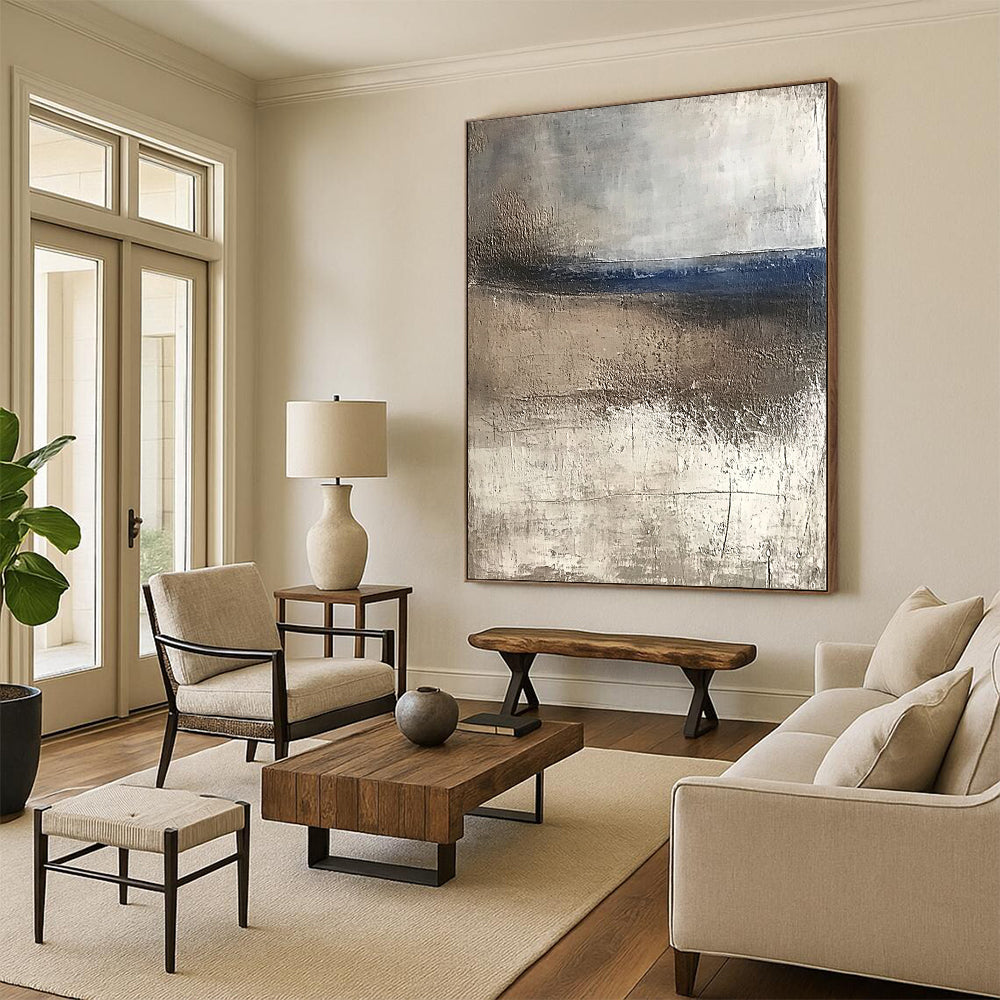 Contemporary abstract artwork featuring textured canvas with weathered hues of blue and brown evoking serene coastal landscapes and tranquility in a minimalist style. DLZ0445