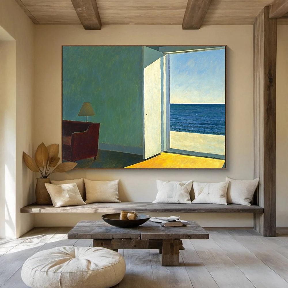 “Room with a View of the Sea” - Green, Blue, Yellow, Interior with Sea View - Realist Oil Painting HB1644