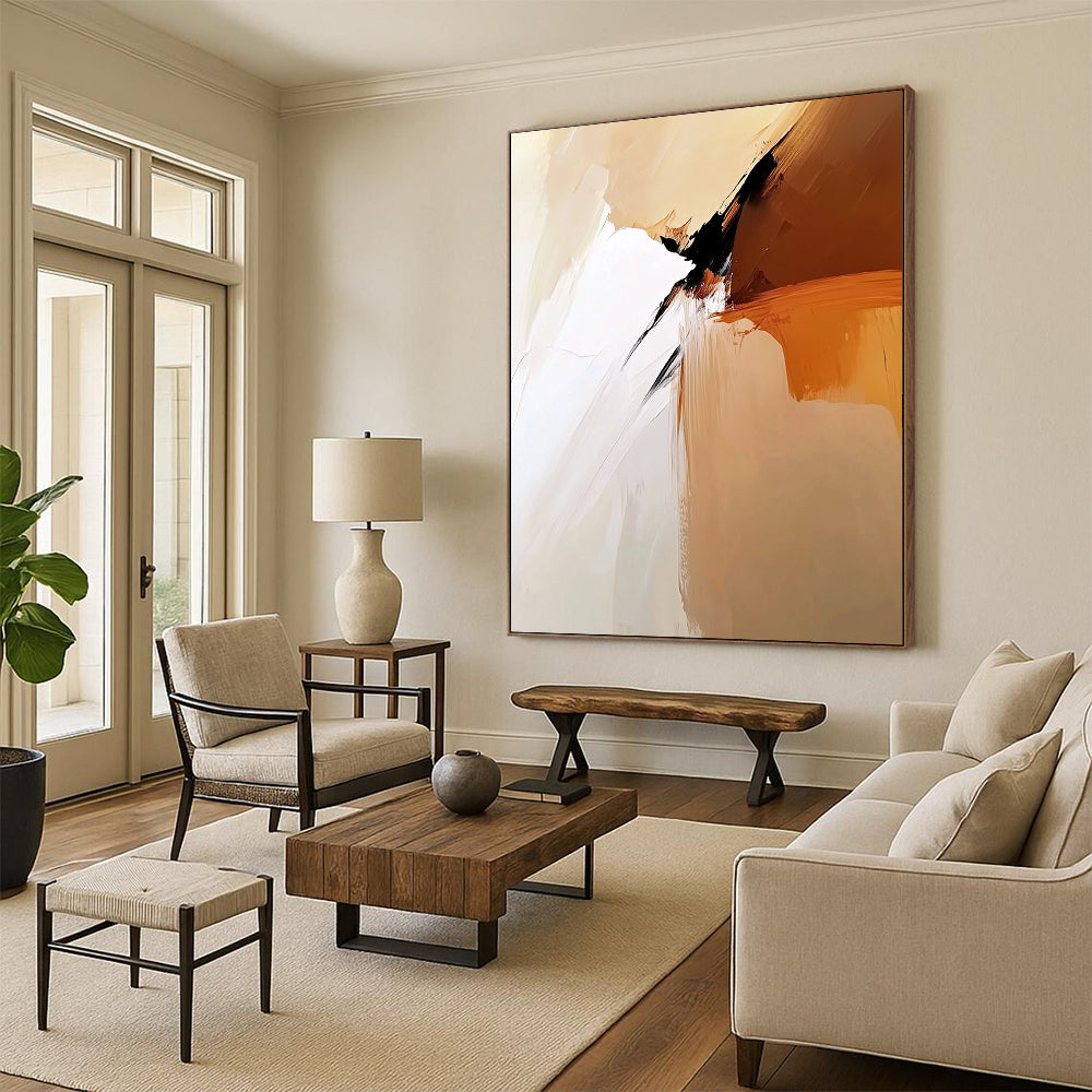 Contemporary hand-painted abstract artwork featuring soft tones of beige and white with smooth brush strokes and calm minimalistic elegance. DLZ0291