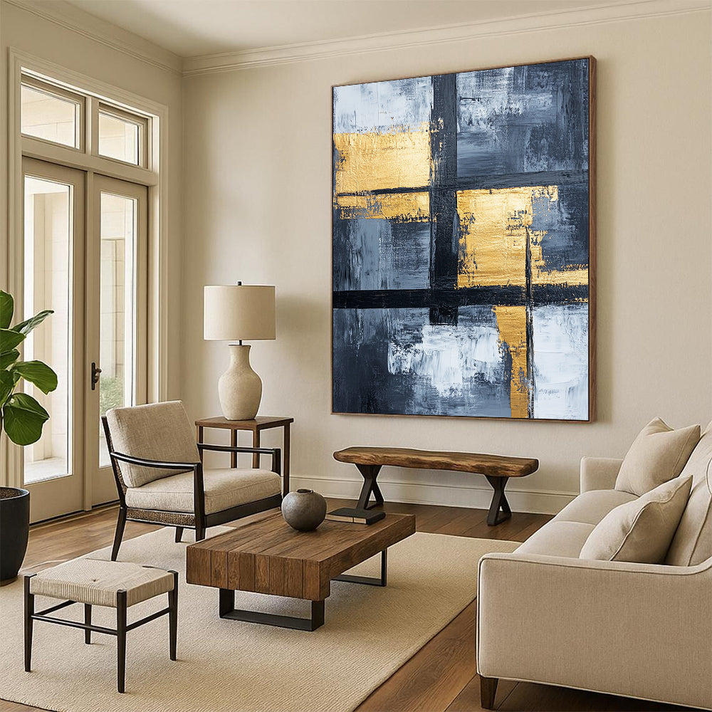 Gray, White, Gold, Black, Geometric Crosses "Gilded Grid Crossroads" Abstract Modernist Painting On Canvas HB151