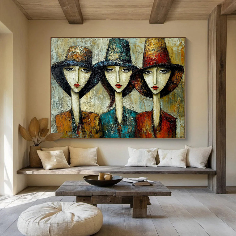 “Women in Hats” - Earthy Tones, Reds, Blues, Stylized Portraits of Women in Hats - Textured Oil Painting HB1760