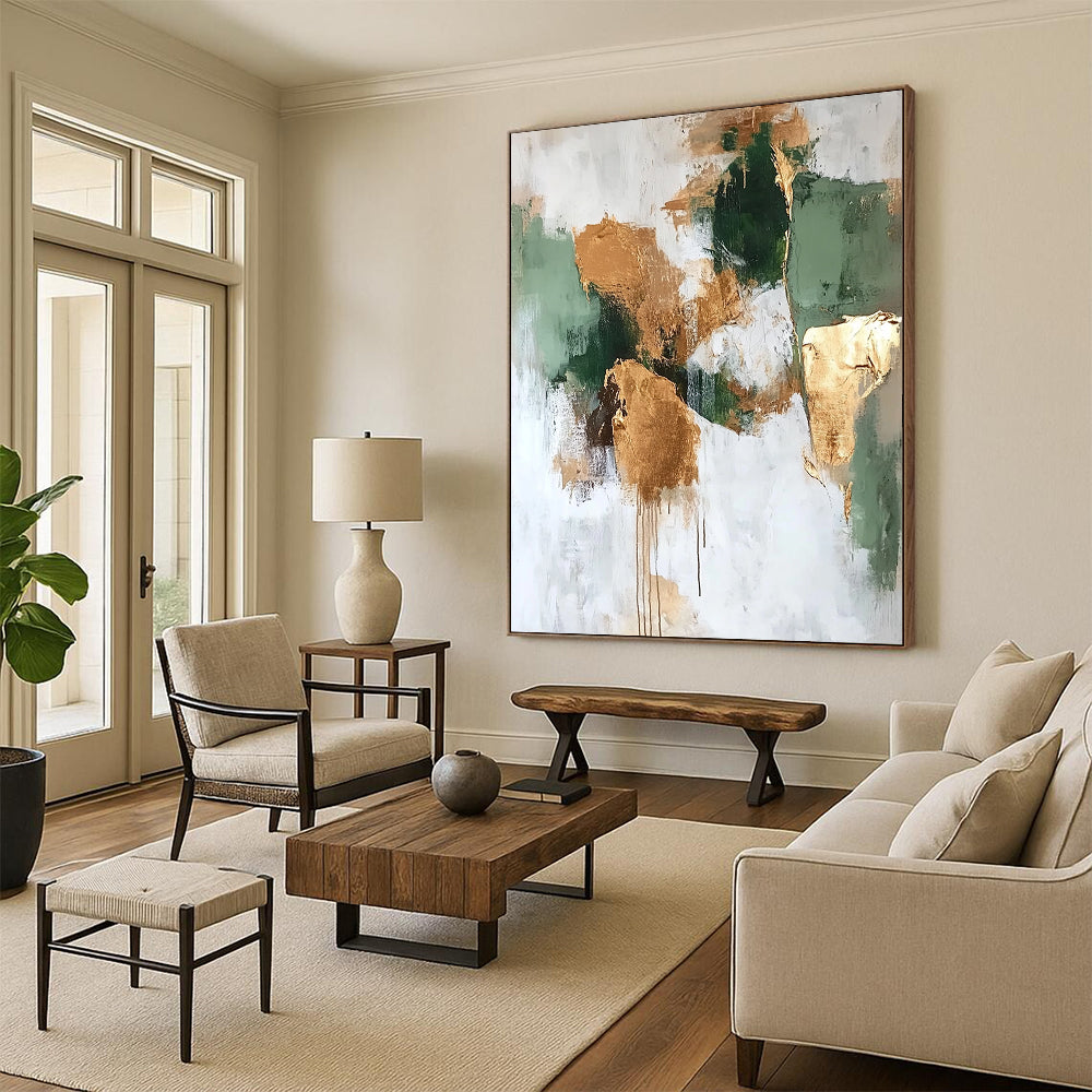 Contemporary abstract artwork features neutral greens and browns with gold foil accents on a white background, perfect for modern decor. DLZ0681