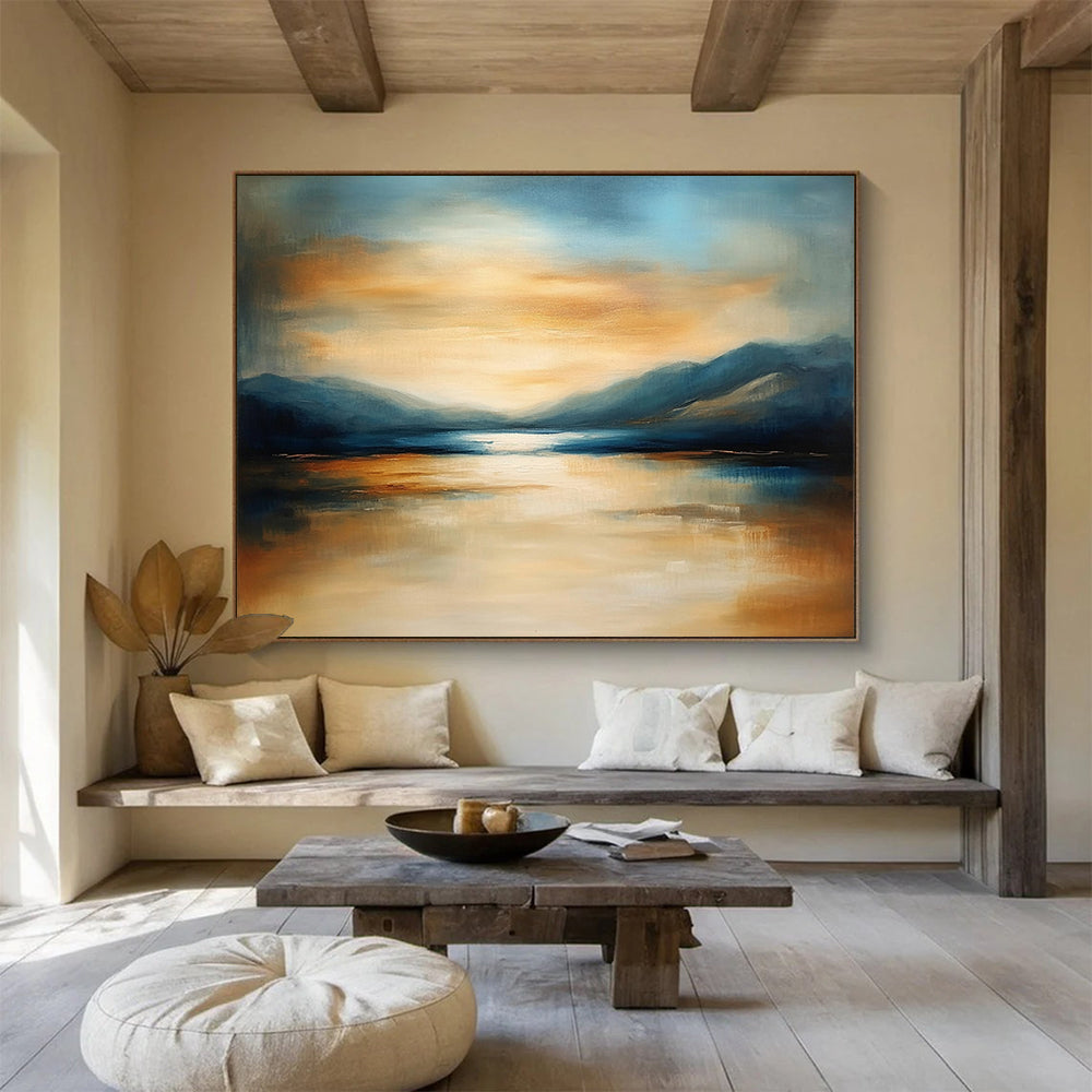 “Mountain Lake Sunset” - Orange, Blue, Beige, Landscape Oil On Canvas HB0703