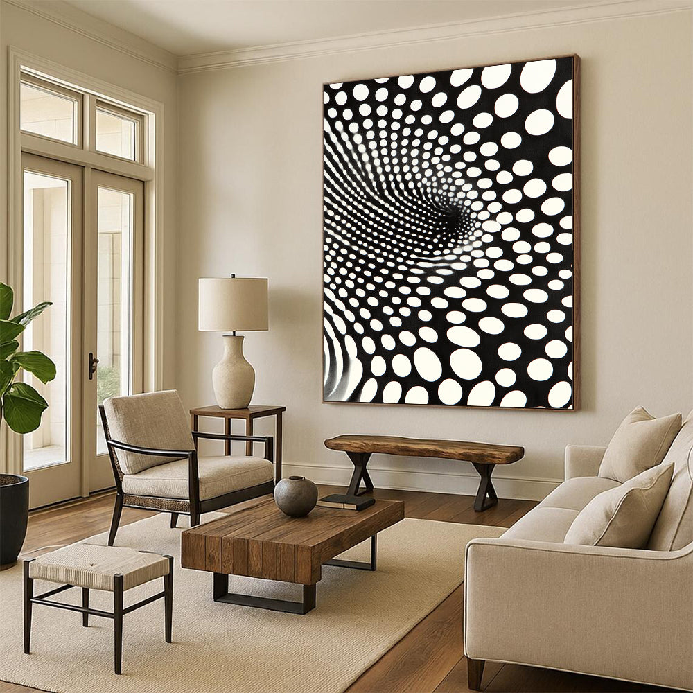 Black and White Dot Vortex "Optical Twist" Painting On Canvas HB254