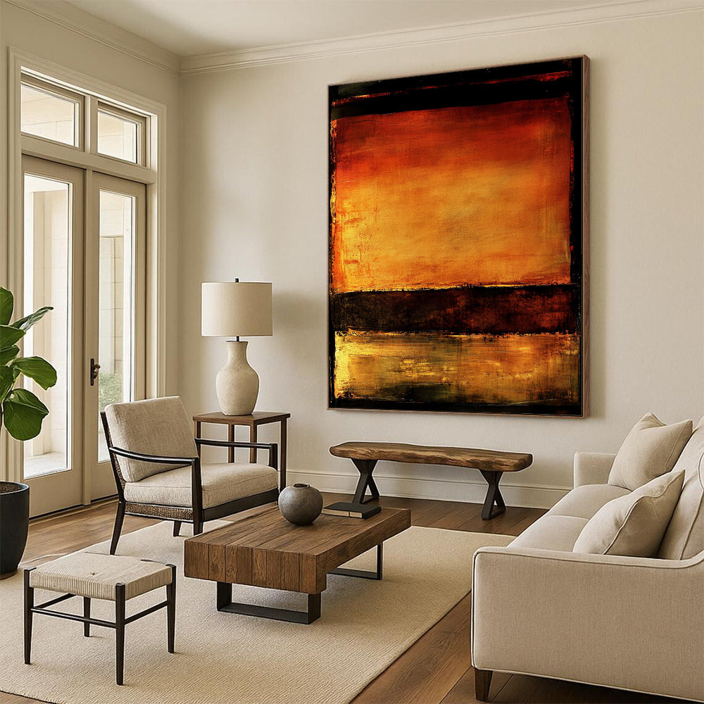 Contemporary abstract artwork features vibrant orange and brown hues with water reflections set against a dark background framed by a bold black border. DLZ0937