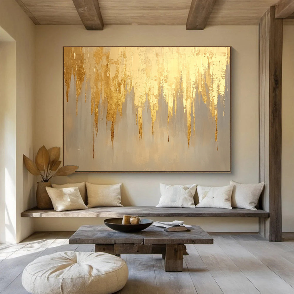 “Gold Drip Abstract” - Gold, Beige, Gray, Dripping Forms - Painting On Canvas HB1429