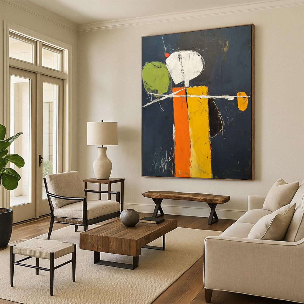 Contemporary hand-painted abstract art featuring a minimalistic orange and yellow figure on a dark blue background with green accents and visible brush strokes DLZ1581