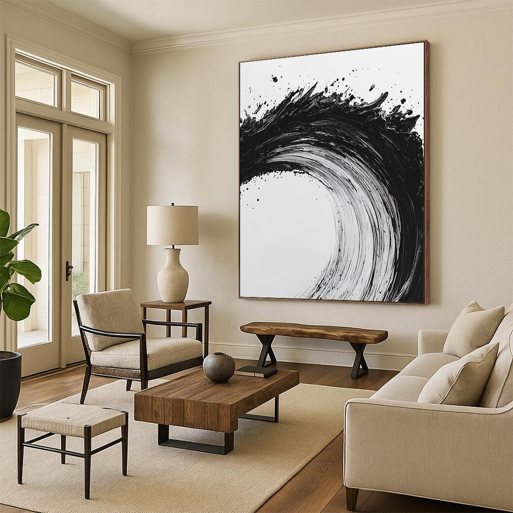 Black and White Dynamic Wave "Energetic Surge" Painting On Canvas HB282