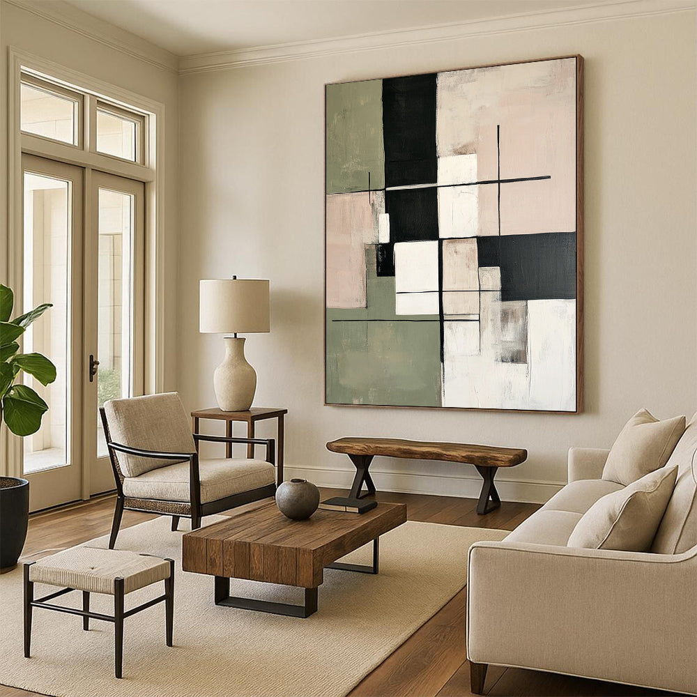 Large contemporary hand-painted abstract artwork featuring soft sage green beige and white tones with geometric shapes and a minimalist black grid pattern. DLZ1060