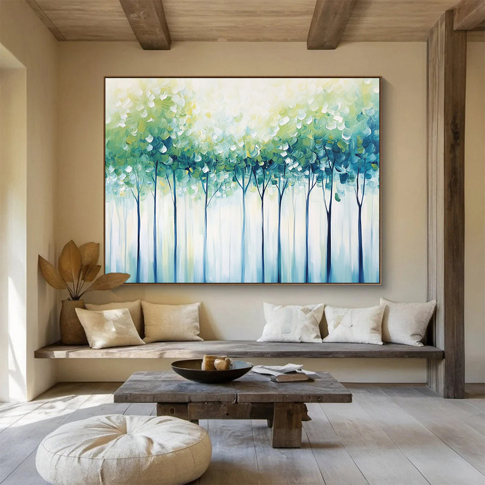 “Soft Green Tree Canopy” - Green, Blue, Dreamy Tree Landscape Painting On Canvas HB0882