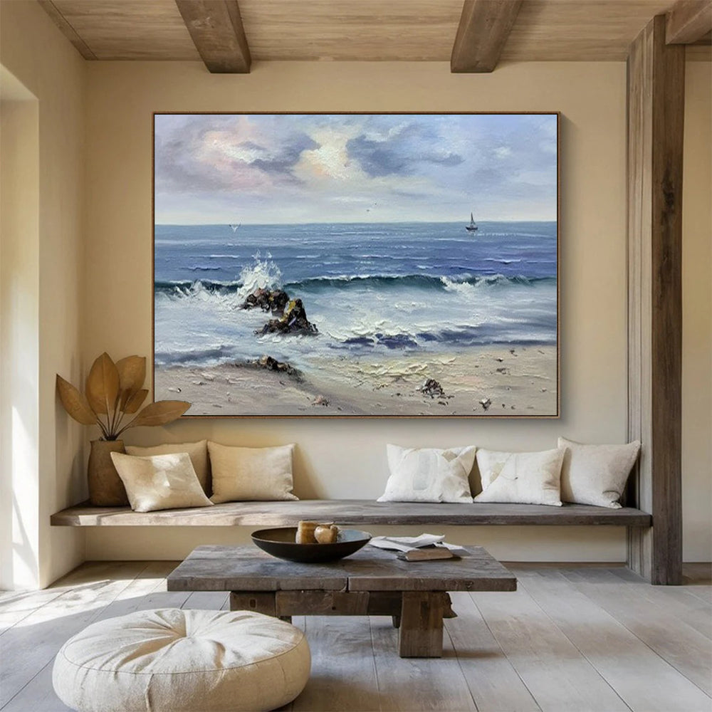 Coastal Wave & Sailboat Oil Painting - Serene Living Room or Office Art DLZ190