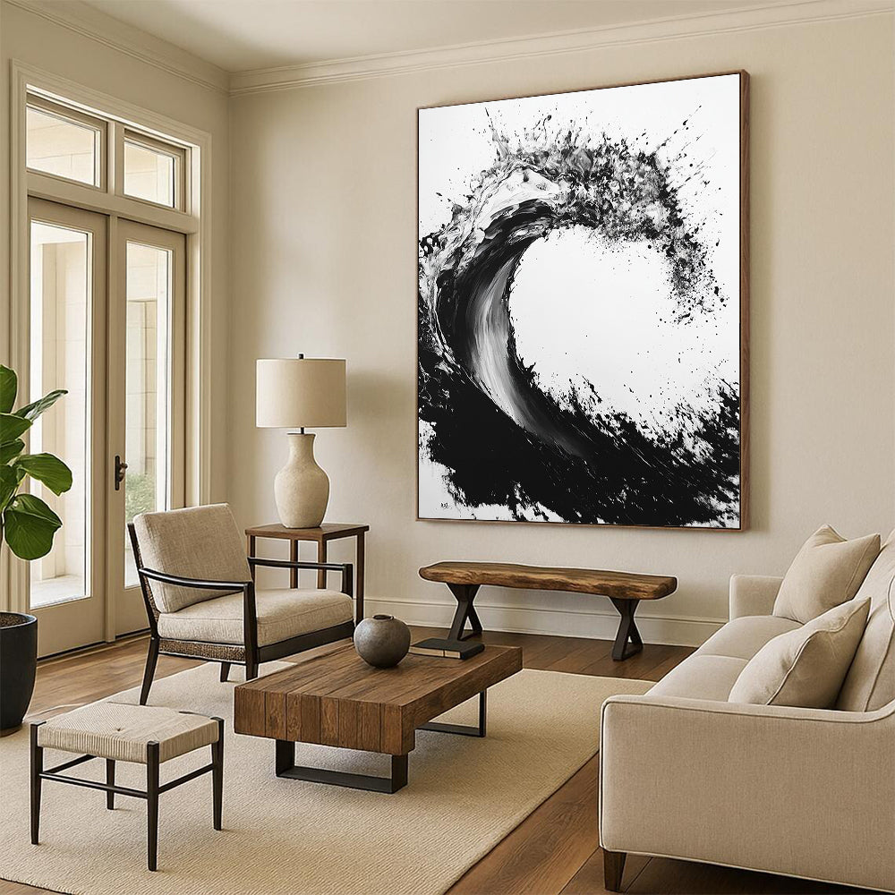 Black & White Ink Wave - “Powerful Ocean Ink” Painting On Canvas HB235