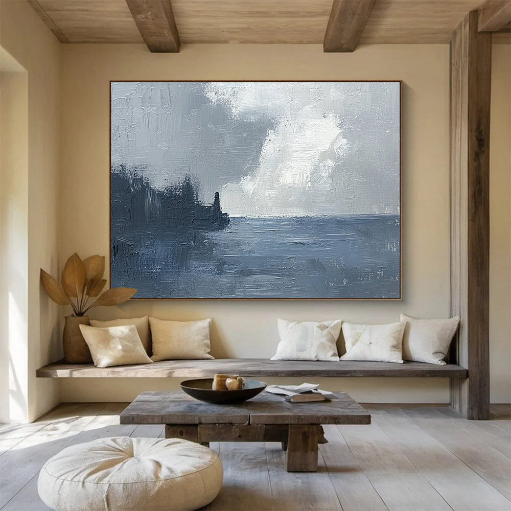 “Coastal Mist” - Muted grays, whites, deep blues; Stormy sky, sea, dark coastline; Atmospheric Seascape Painting On Canvas HB1148