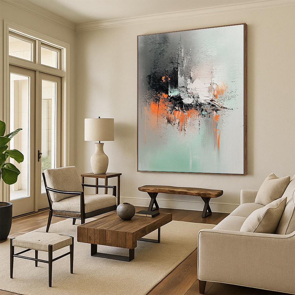 Contemporary abstract artwork features mint green, gray tones, and ink splash effects with a palette knife technique on canvas. DLZ1046