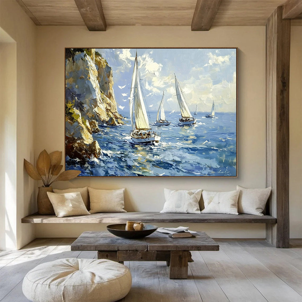 Blue, White, Yellow and Green Seascape with Sailboats "Sailing Serenity" Painting On Canvas HB0661