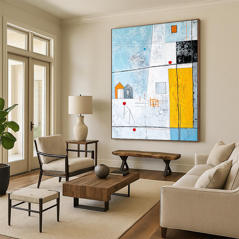Large contemporary hand-painted abstract artwork featuring vibrant lines and shapes with an architectural drawing and a house on a light blue background. DLZ0987